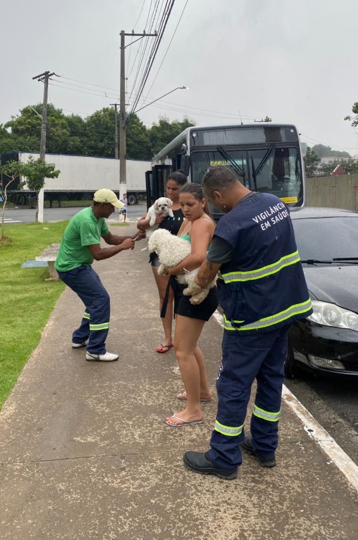 A foto mostra dois homens usando uniformes azuis; Eles estão em uma área externa, aplicando vacina em dois cães, que estão nos braços de duas mulheres